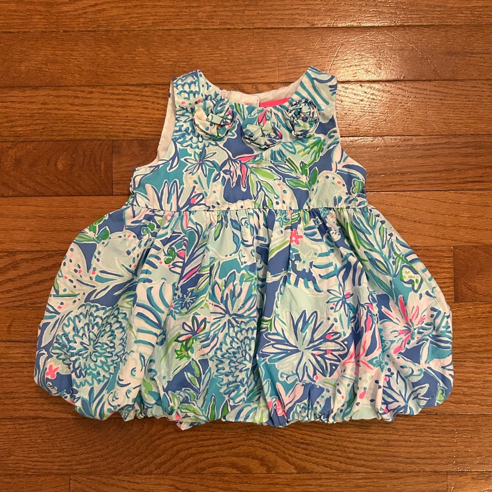 Lilly Pulitzer Blue and Pink Rosette Baby Bubble Dress